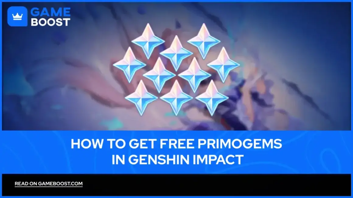 Dziesięć błyszczących kryształów Primogem na tle postaci z Genshin Impact. Poradnik, jak zdobyć darmowe Primogemy w Genshin Impact, idealny na każdy event.