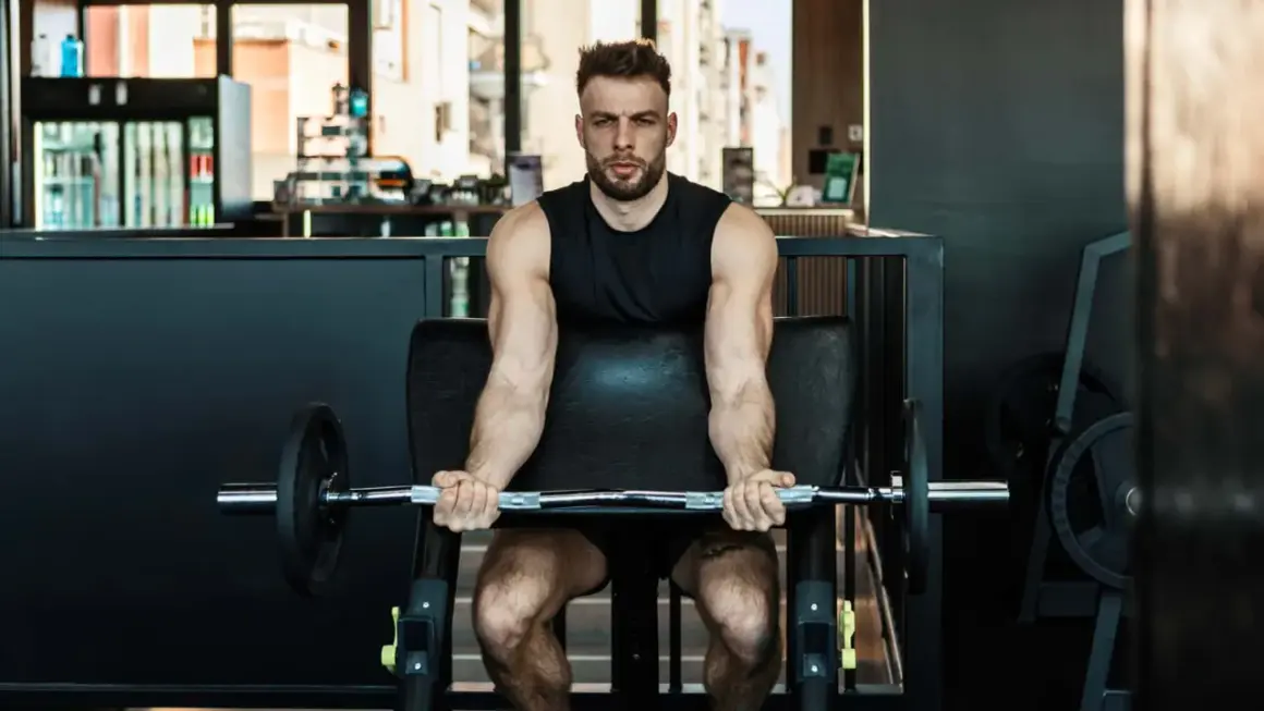 Mann trainiert Bizeps mit Langhantel im Fitnessstudio. Calisthenics-Liebhaber baut Muskeln auf.