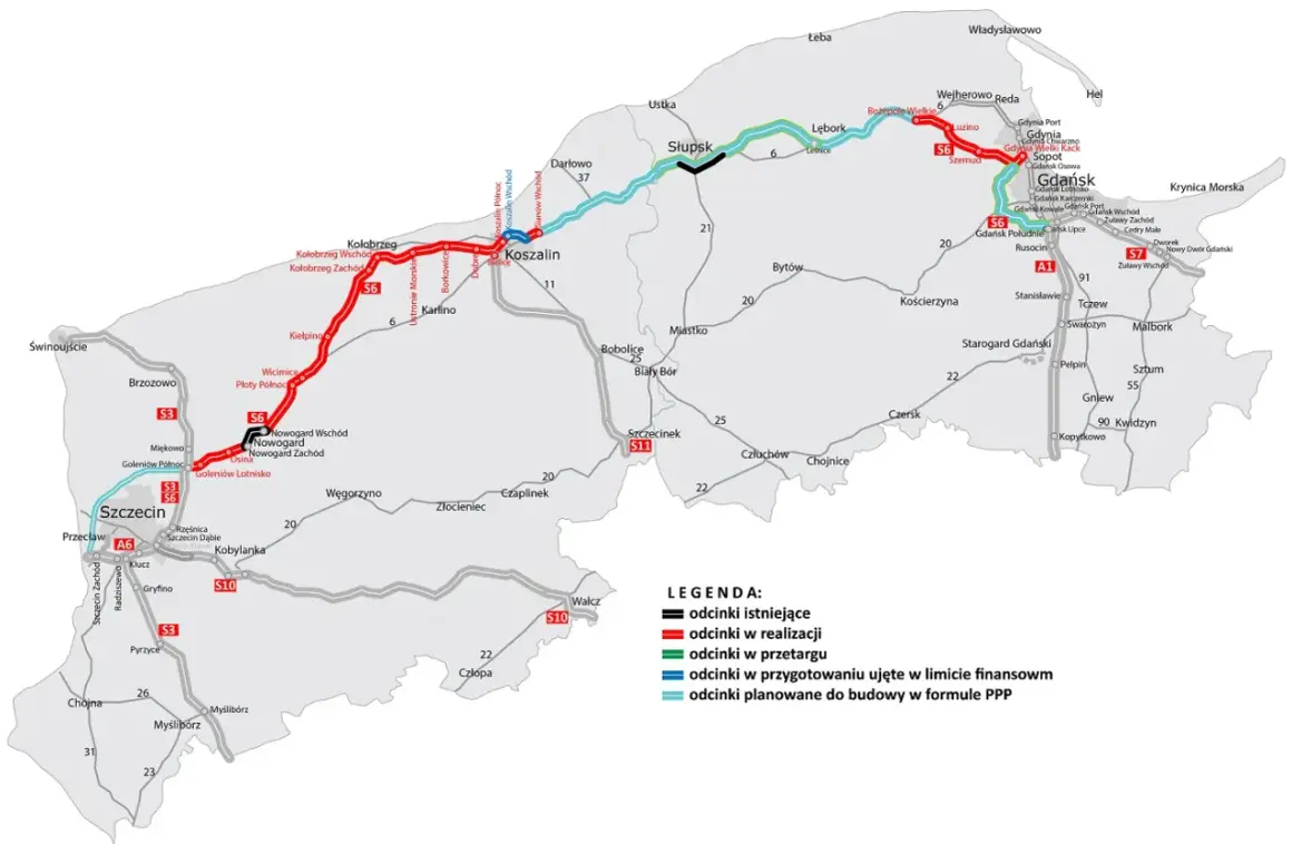 Mapa przedstawia przebieg drogi S6 wraz z odcinkami istniejącymi, w realizacji, przetargu i planowanymi.