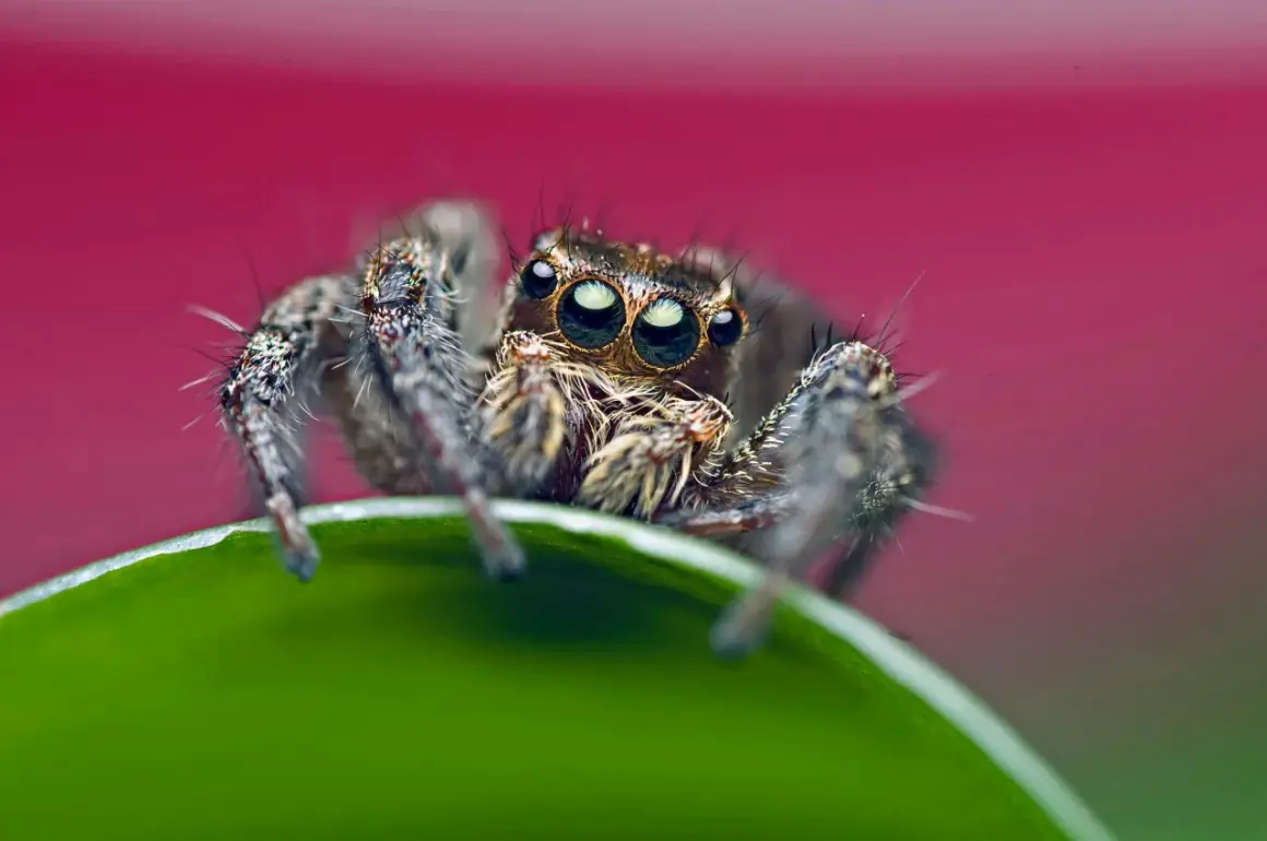 En hoppspindel med sina stora ögon, en närbild som visar vad betyder makro.