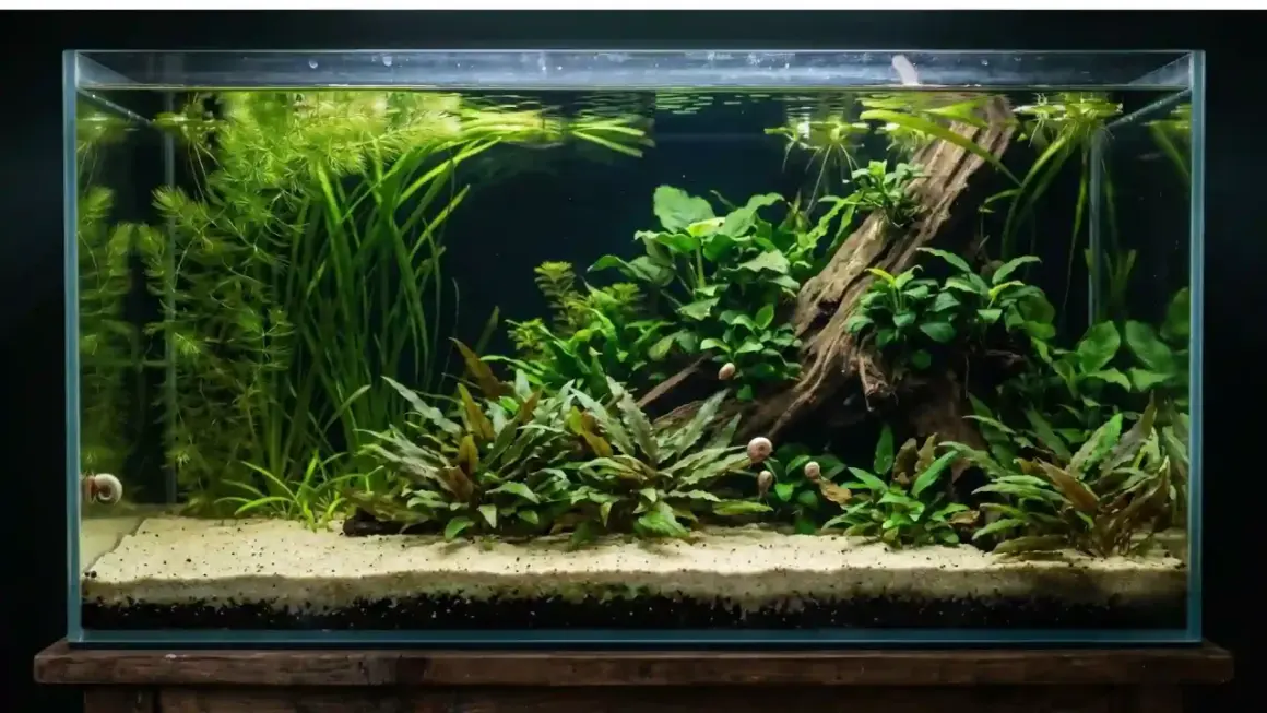 Un aquarium luxuriant avec des plantes aquatiques et des escargots. Un écosystème sain aide à comment éliminer le nitrate dans l'eau naturellement.