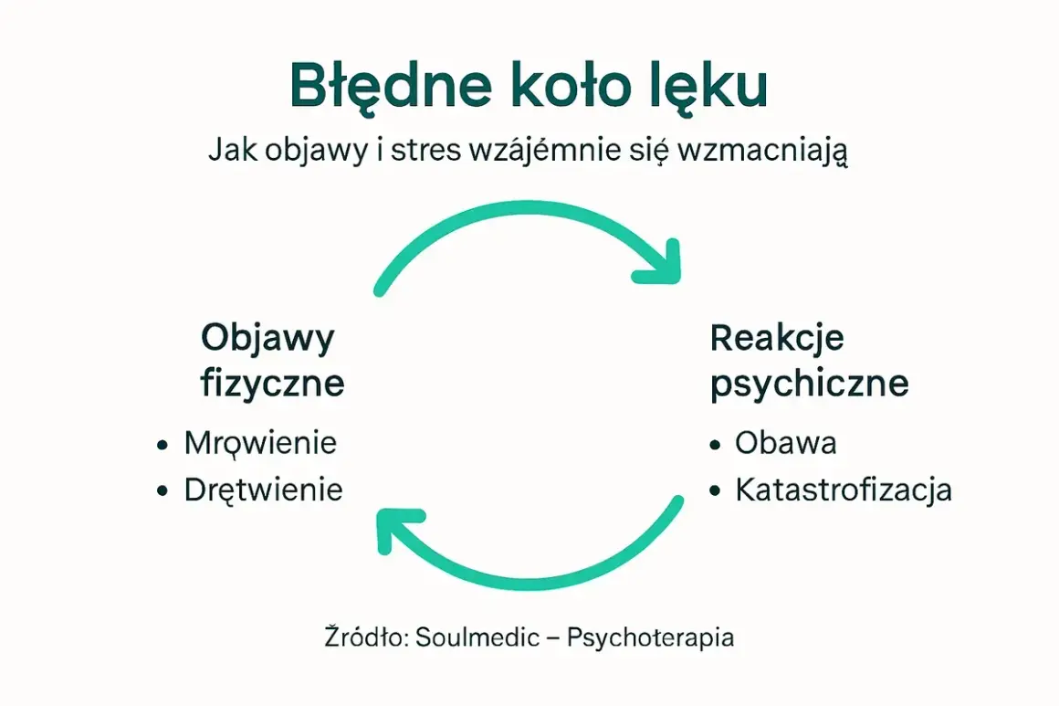 Błędne koło lęku: objawy fizyczne (mrowienie, drętwienie) i reakcje psychiczne (obawa, katastrofizacja) wzajemnie się wzmacniają, tworząc cykl.