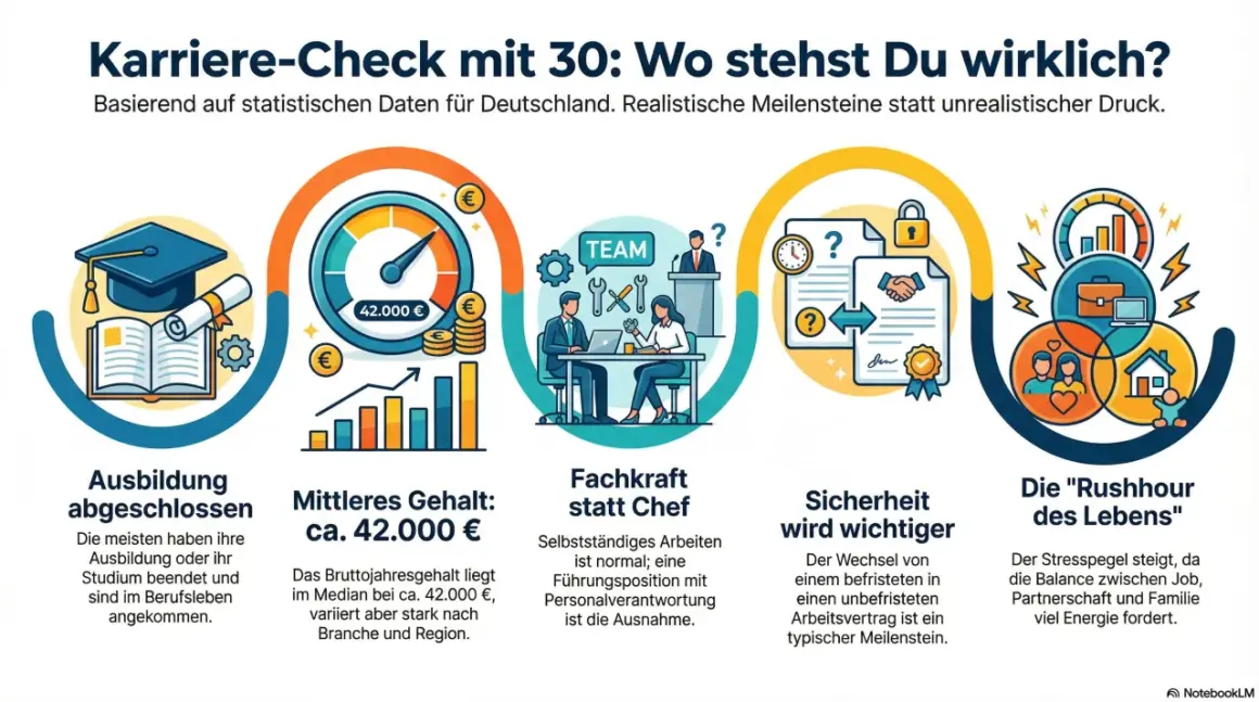 Karriere-Check mit 30: Ausbildung, Gehalt (ca. 42.000€), Fachkraft statt Chef, Sicherheit & "Rushhour des Lebens". Ein Berufswechsel mit 30 ist möglich!