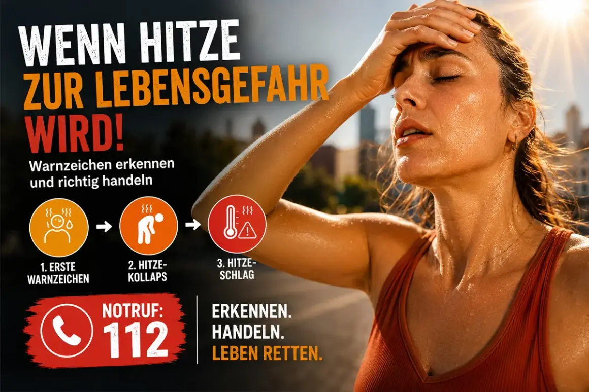 Eine Frau schwitzt am Kopf, erschöpft von der Hitze. Warnzeichen für Hitzschlag werden angezeigt. Notruf 112.