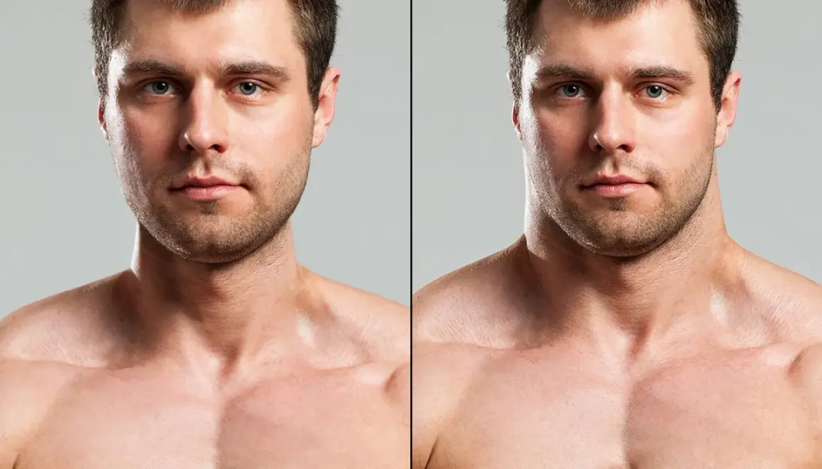 Split image shows a man's face and upper chest. The left side shows a less defined neck, while the right side, after neck training, displays a more muscular and sculpted appearance.