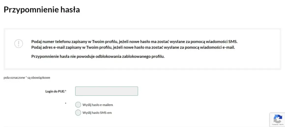 Formularz przypomnienia hasła do PUE. Podaj login, wybierz sposób wysyłki hasła: e-mailem lub SMS-em.