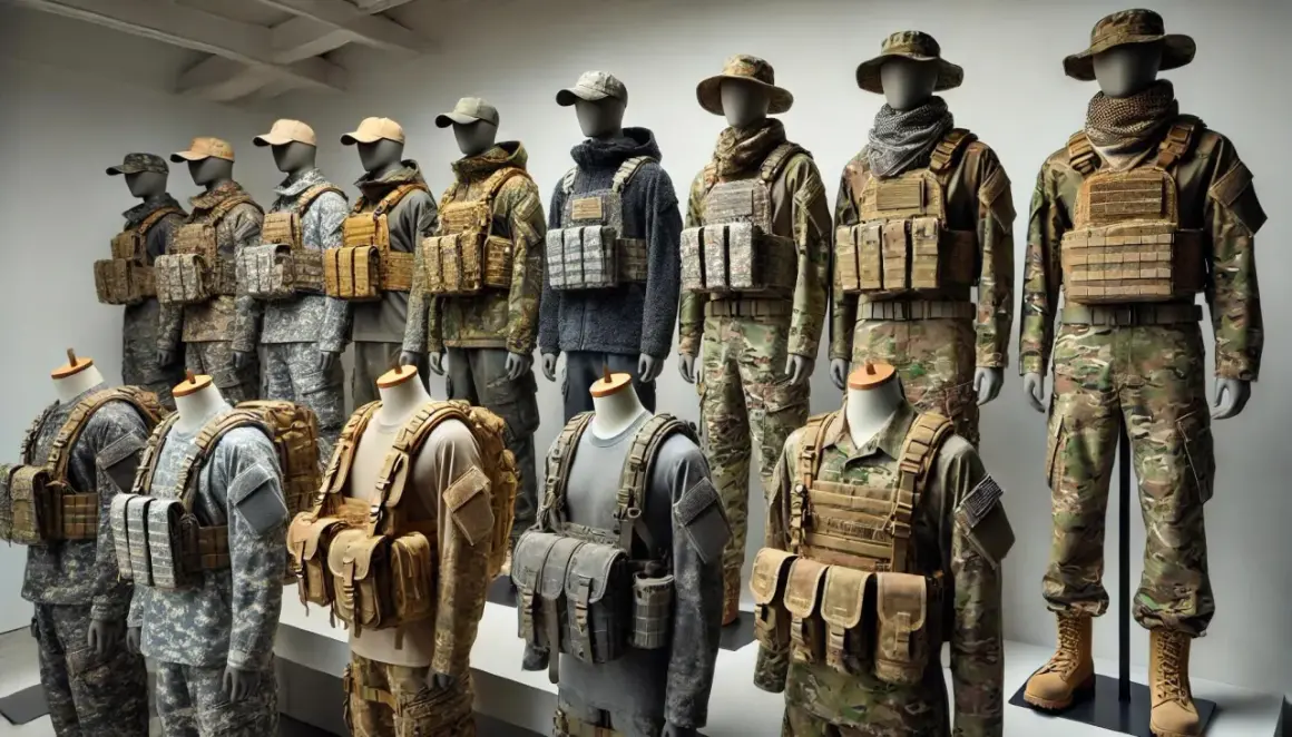 Maniquíes exhiben diversos tipos de camuflaje militar, desde patrones digitales hasta diseños de bosque, con chalecos tácticos y equipo.