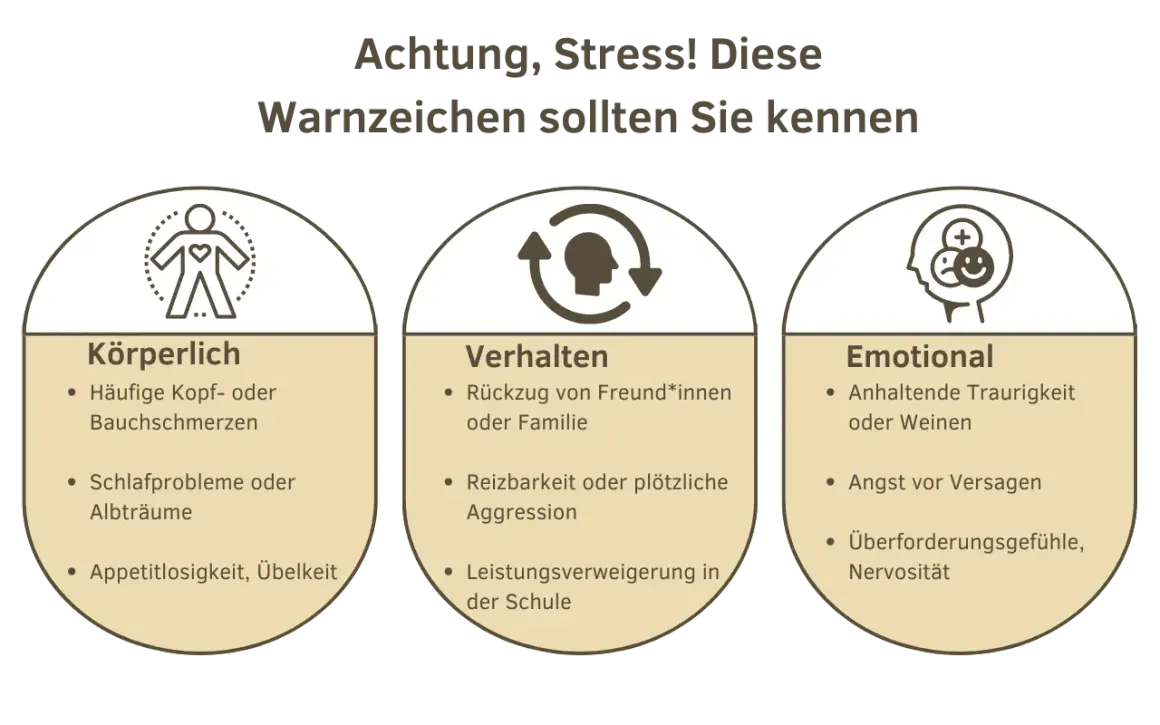 Warnzeichen für Stress: Körperliche Beschwerden, Verhaltensänderungen wie Leistungsverweigerung in der Schule, und emotionale Probleme wie Versagensangst.