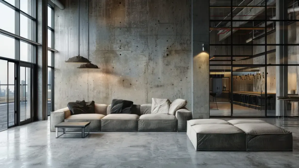 Nowoczesny, **soft loft** z betonowymi ścianami, dużymi oknami i wygodną sofą. W tle widać kuchnię z barem.