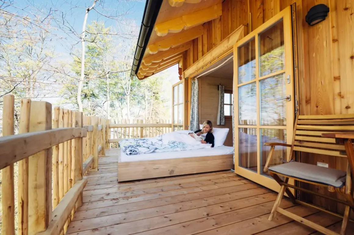 Frau liest im Bett in einer Holzhütte mit offener Tür und Blick auf Bäume.