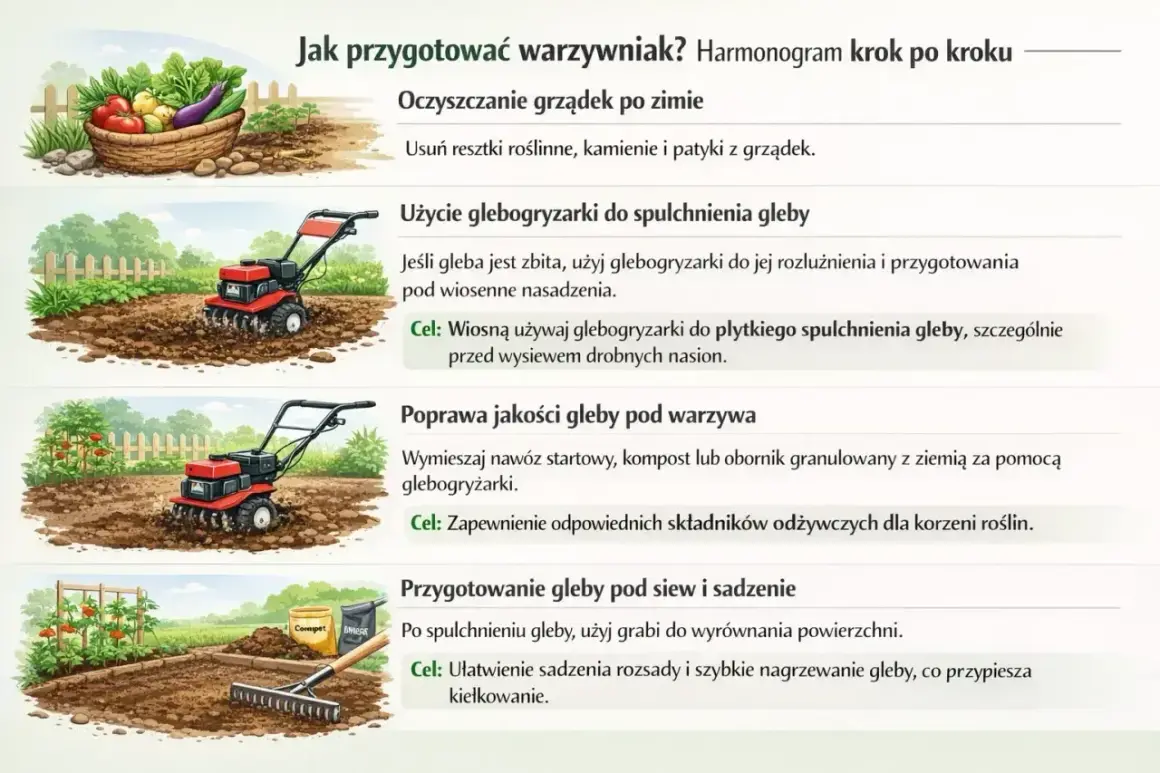 Glebogryzarka spulchnia i przygotowuje glebę pod wiosenne nasadzenia, poprawia jej jakość, mieszając nawozy, co ułatwia sadzenie i przyspiesza kiełkowanie.