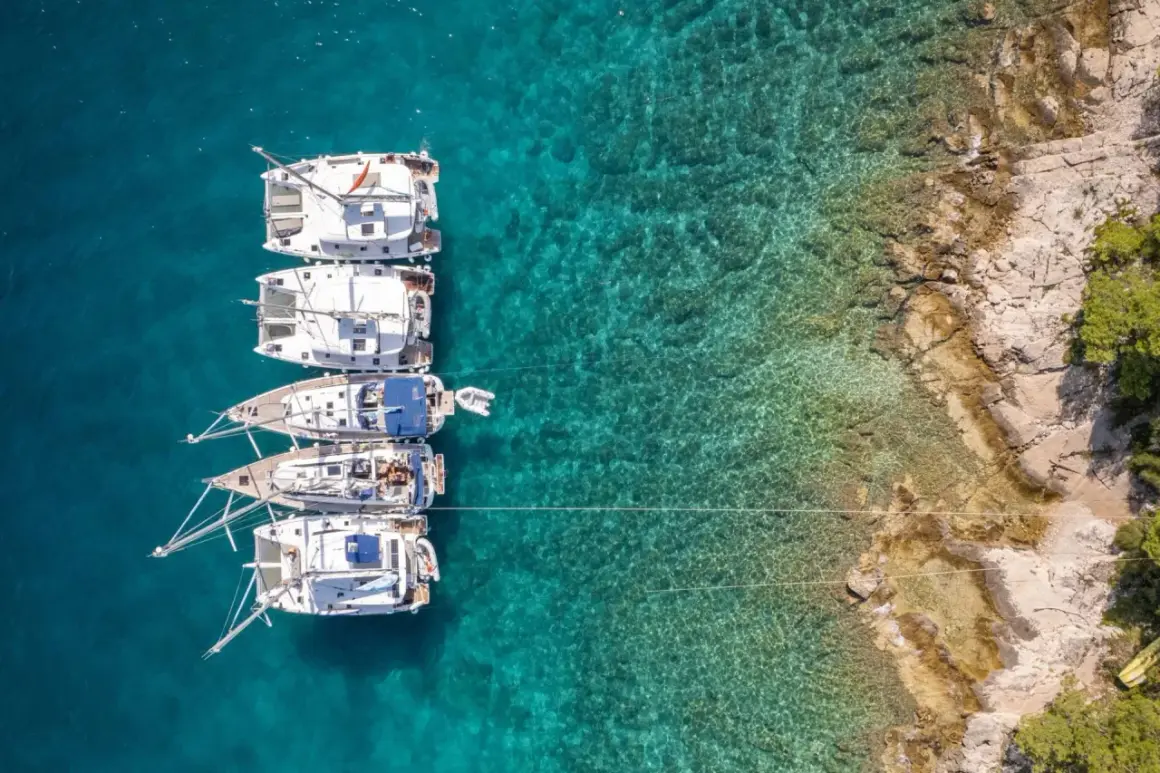 Flott bild av flera segelbåtar som ligger för ankar i turkost vatten nära en klippig kust. En dröm om att segla i Kroatien.