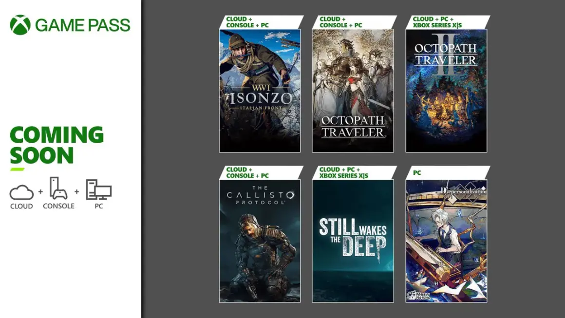 Okładki gier Game Pass: WWI Isonzo, Octopath Traveler, The Callisto Protocol, Still Wakes the Deep, Octopath Traveler II, Depersonalization.