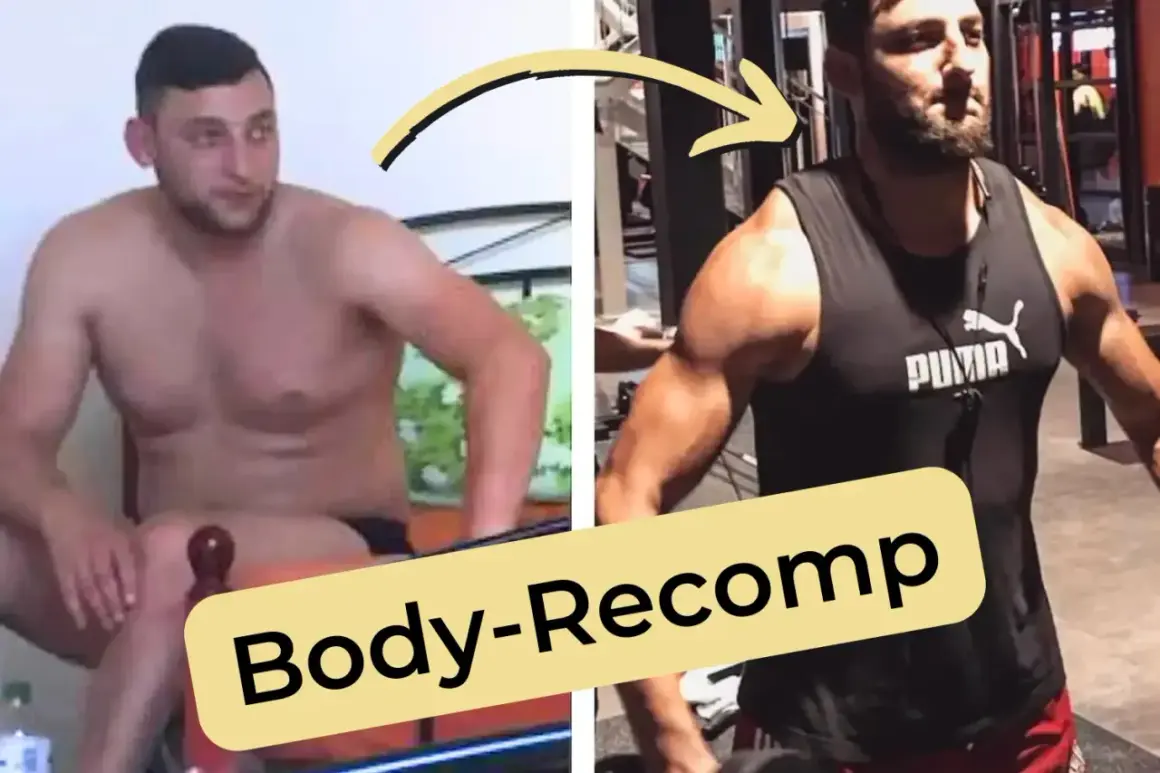 Mann mit Body-Recomp: Vorher unsportlich, nachher muskulös. Zeigt, dass man Fett in Muskeln umwandeln kann.