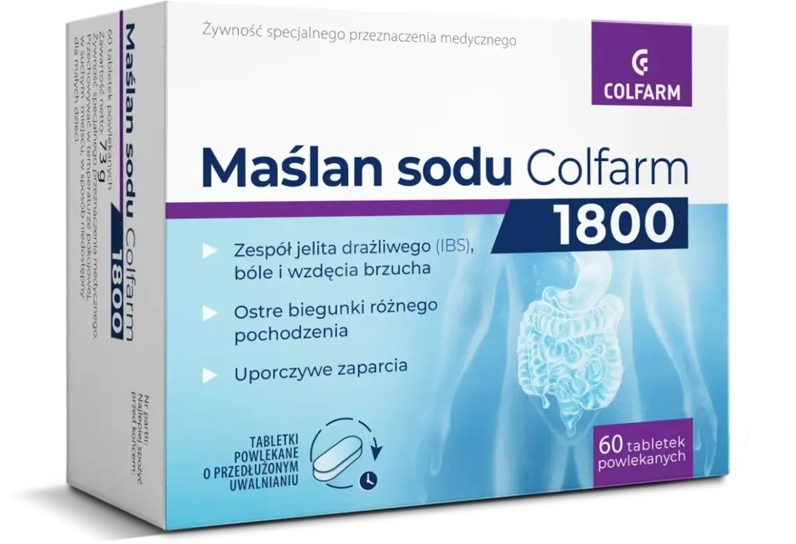 Maślan sodu Colfarm 1800 pomaga na zespół jelita drażliwego, biegunki i zaparcia. Tabletki o przedłużonym uwalnianiu.