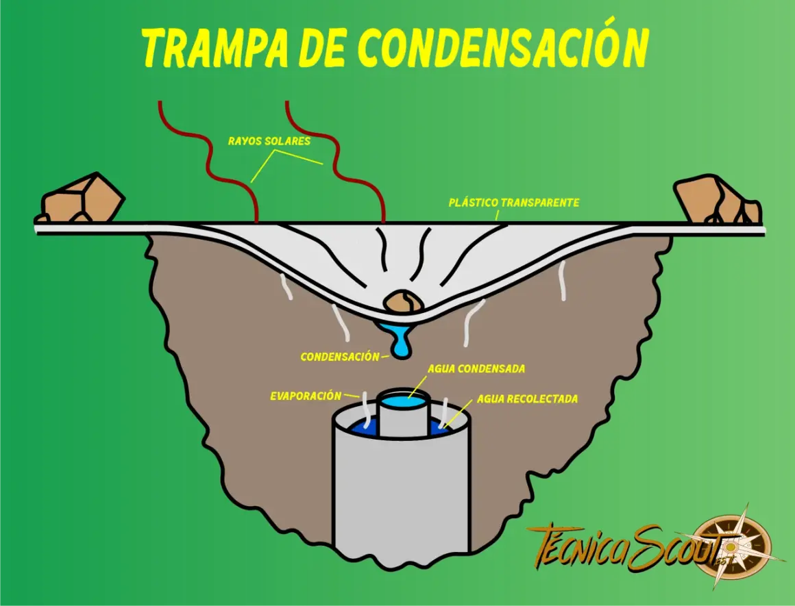 Diagrama de una trampa de condensación para potabilizar agua. Rayos solares calientan la tierra, el agua se evapora, condensa en el plástico y gotea.