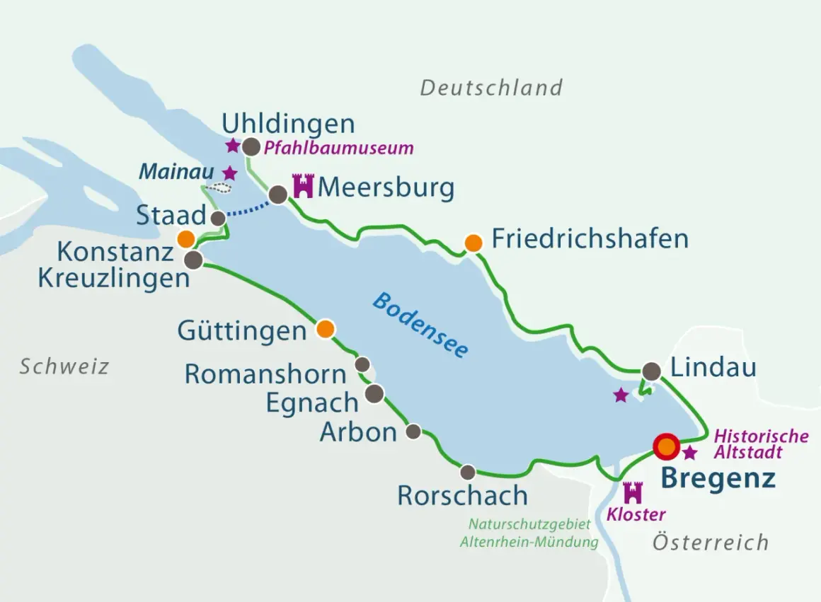 Karte des Bodensees mit Radwegen. Entdecken Sie Fahrradtouren Deutschland, Schweiz und Österreich. Orte wie Konstanz, Bregenz, Lindau.