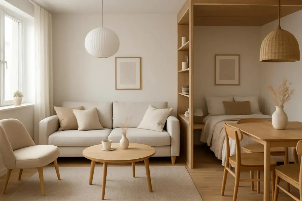 Przytulny dom skandynawski projekt: jasna sofa, drewniane meble, łóżko wnękowe i minimalistyczne dekoracje tworzą spokojną atmosferę.