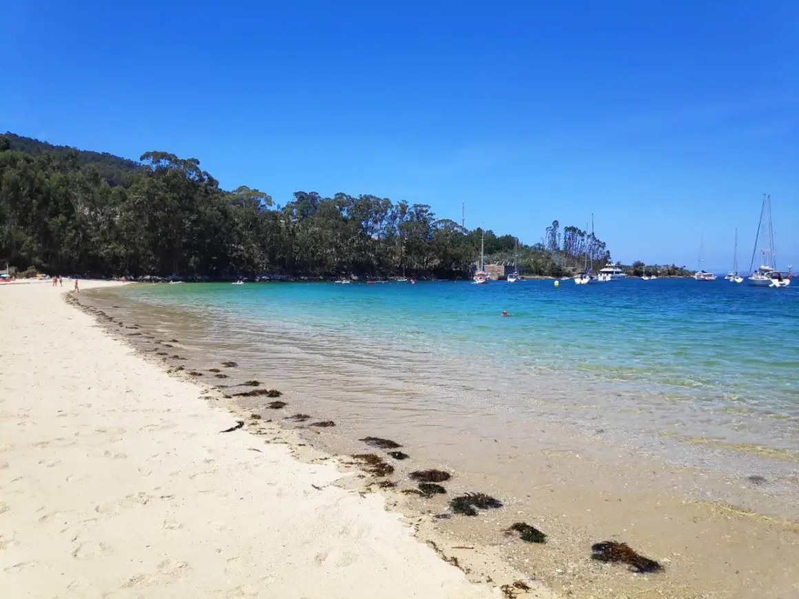 Arena dorada y aguas cristalinas en la playa de Arneles, con veleros anclados y un cielo azul intenso.