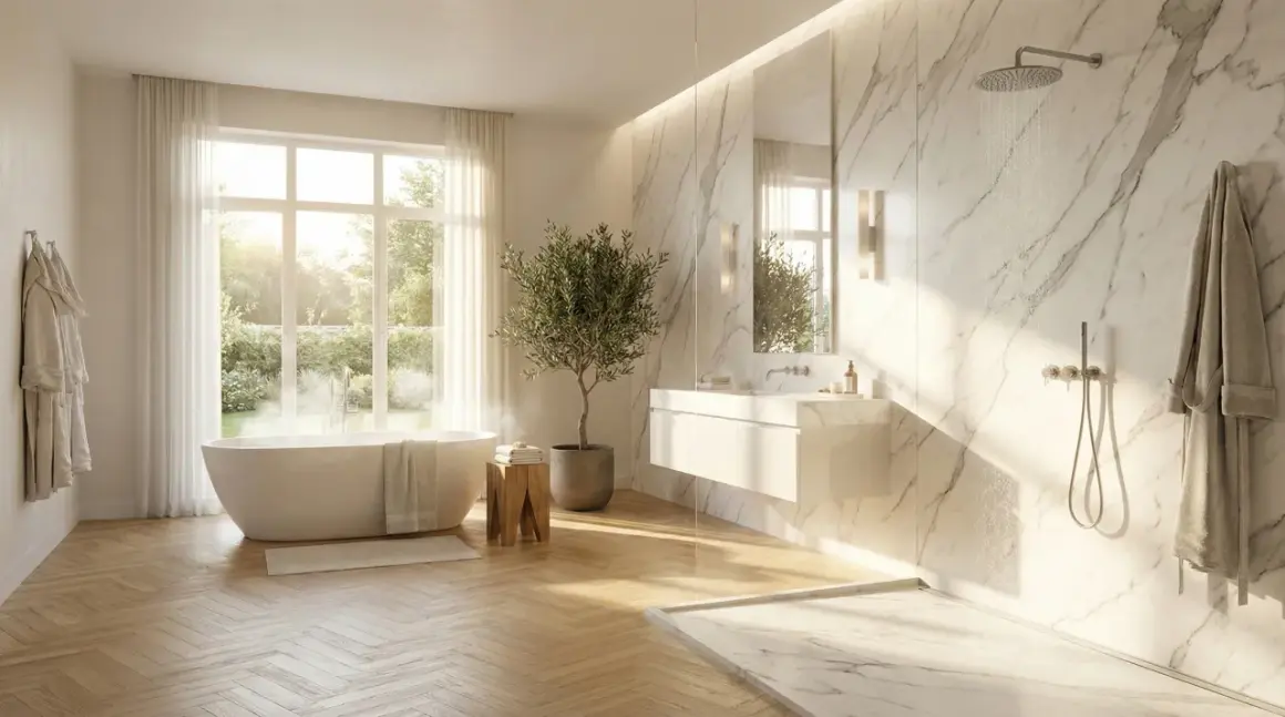 Une élégante salle de bain marbre avec baignoire, douche, lavabo suspendu et un petit olivier. Lumière naturelle douce.