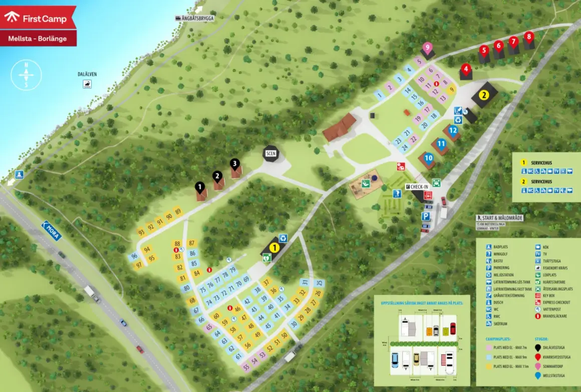 Karta över Mellsta Camping Borlänge med campingplatser, stugor, servicehus och faciliteter vid Dalälven.