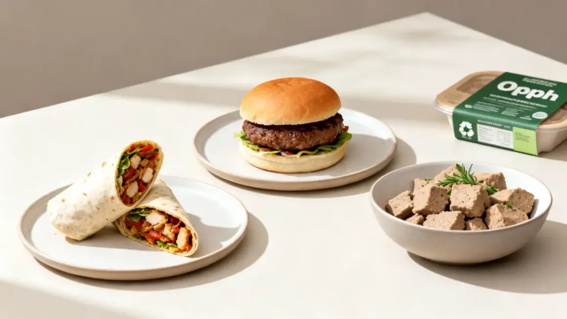 En vegansk burgare, wrap och bitar av "kött" från Opph. Perfekt för den som vill ha soja och glutenfritt.
