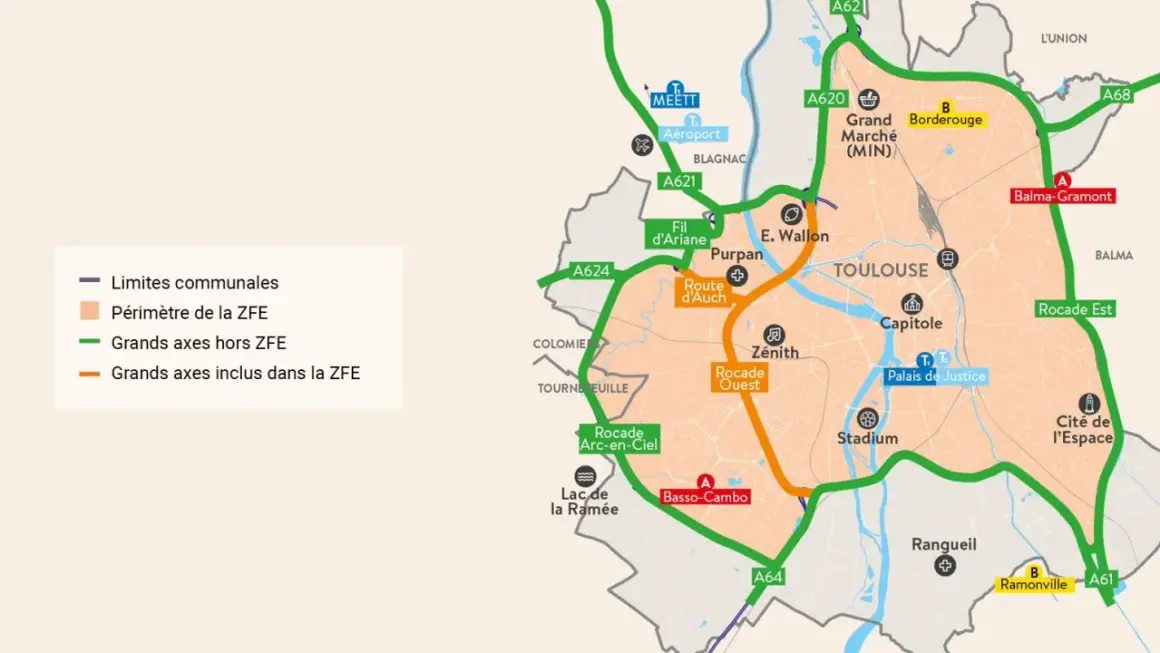 Carte de Toulouse montrant le périmètre de la ZFE et les grands axes routiers. La vignette Crit'Air est nécessaire pour circuler dans cette zone.