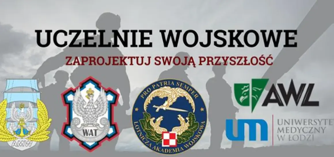 Grafika z sylwetkami żołnierzy i logotypami uczelni wojskowych: AMW, WAT, Lotnicza Akademia Wojskowa, AWL, UM w Łodzi.