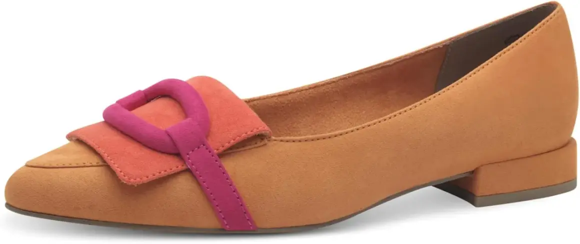 Scarpe da donna color mango con dettaglio a fiocco fucsia e arancione. Eleganti e comode per ogni occasione.