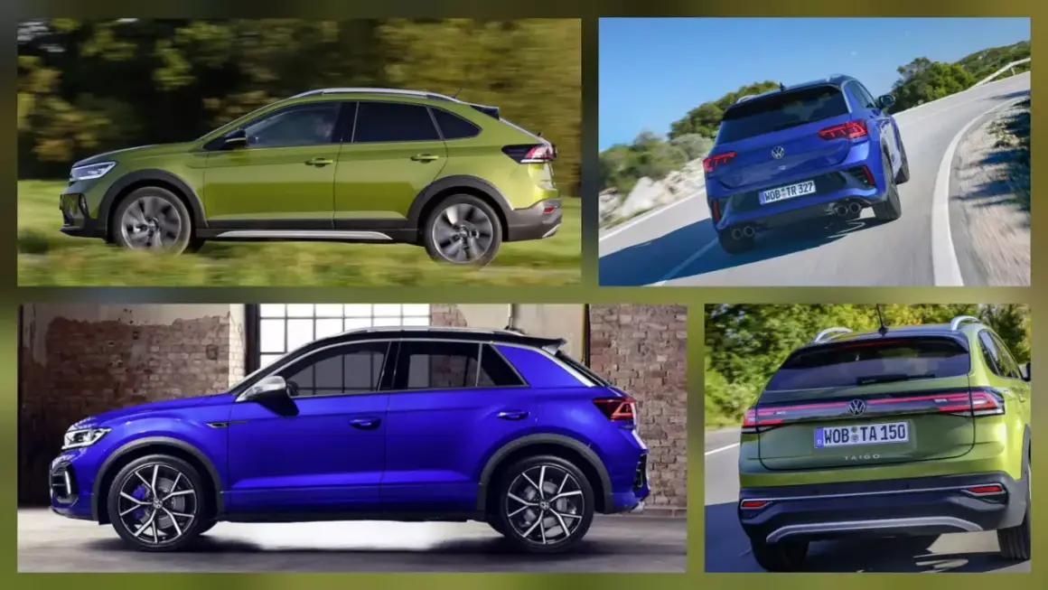VW Taigo wymiary: zielony i niebieski SUV na tle natury i industrialnych wnętrz. Dynamiczne ujęcia podkreślają jego sportowy charakter.