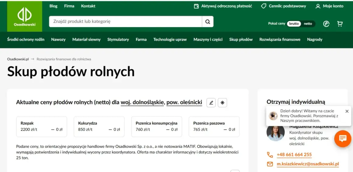 Osadkowski ceny skupu zbóż: rzepak, kukurydza, pszenica konsumpcyjna i paszowa (netto) dla woj. dolnośląskiego, pow. oleśnickiego.