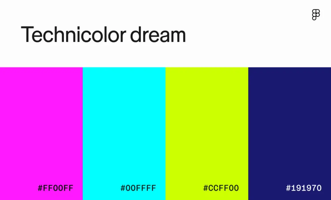 A "Technicolor dream" palette featuring vibrant colors: hot pink, electric cyan, lime green, and deep navy.