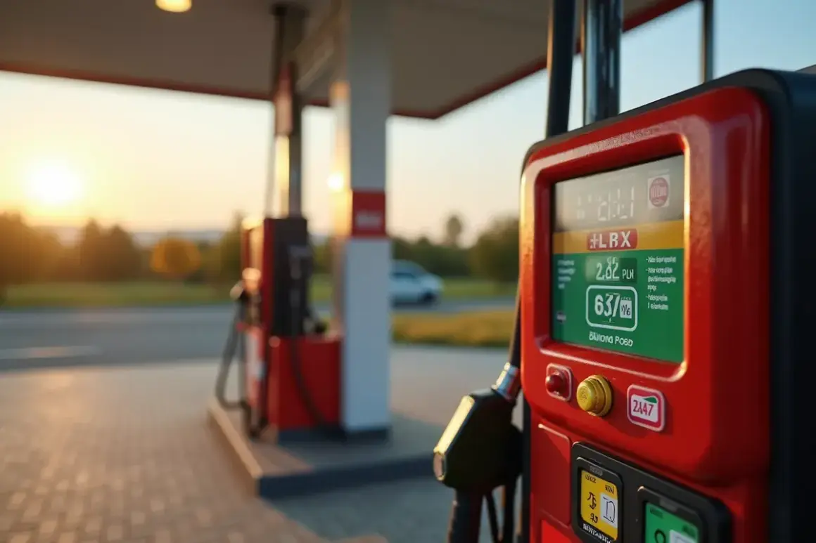 Czerwony licznik przedpłatowy na stacji paliw pokazuje cenę 2.82 PLN/litr. Zachód słońca maluje niebo na złoto.