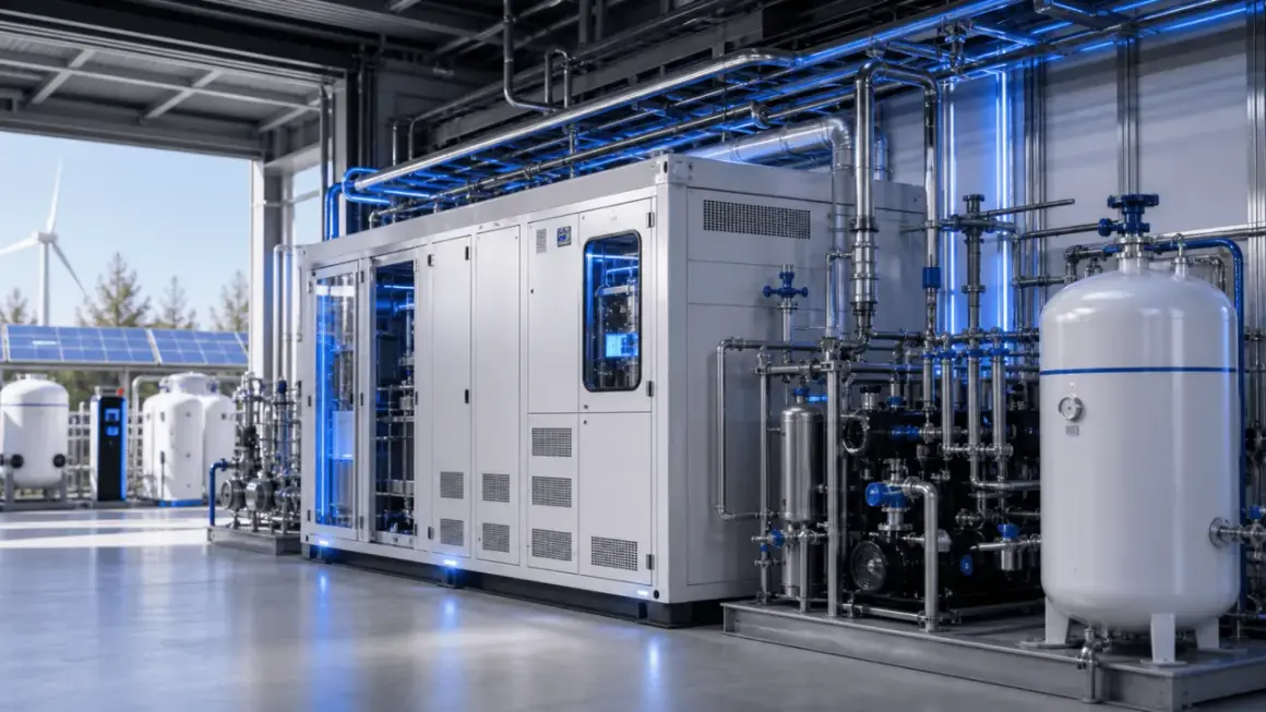 Nowoczesna instalacja do produkcji zielonego wodoru, zasilana energią z wiatru i słońca.