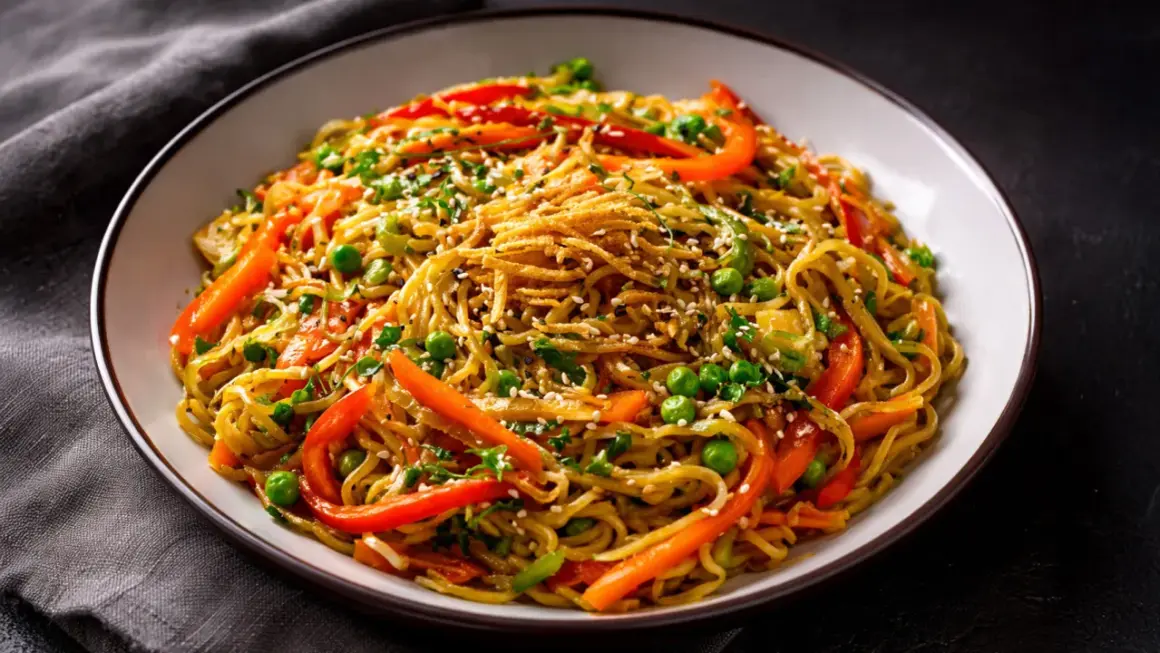 Eine Schüssel mit gebratenen chinesischen Nudeln, garniert mit Erbsen, Paprika und Sesam.