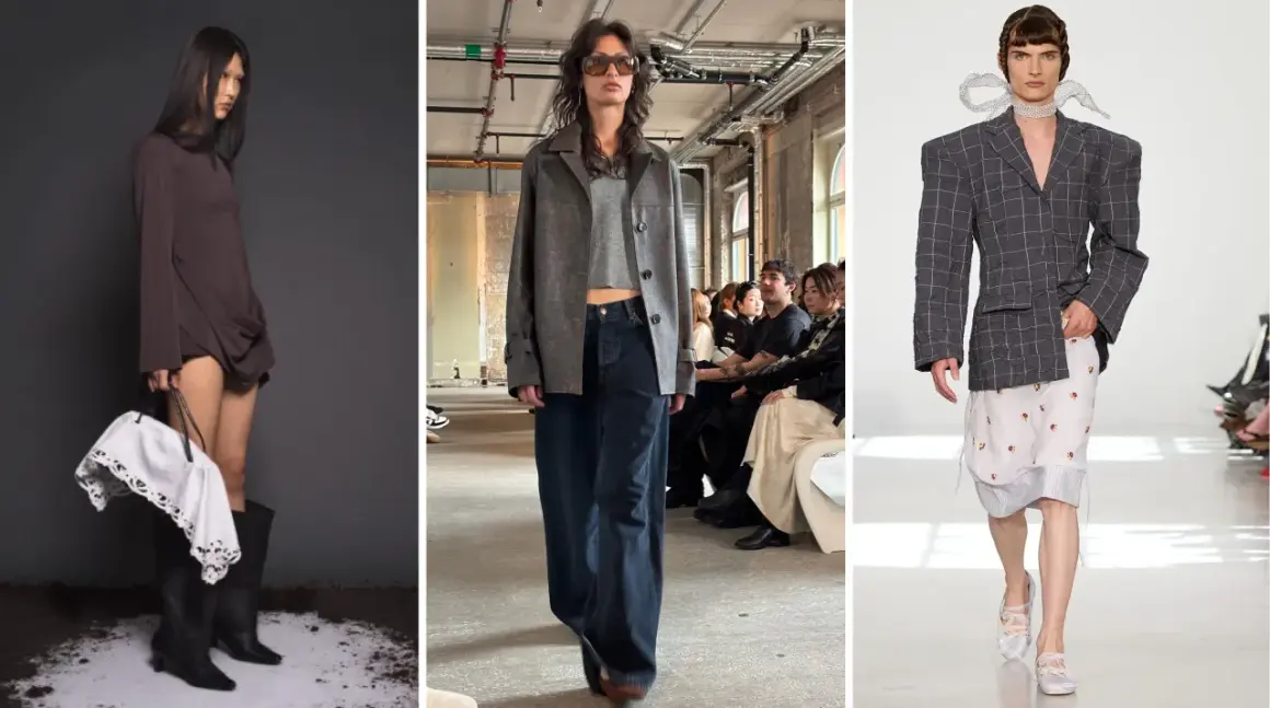 Modeller visar upp en modern, minimalistisk copenhagen style med draperade klänningar, vida jeans och avantgardistiska kavajer.