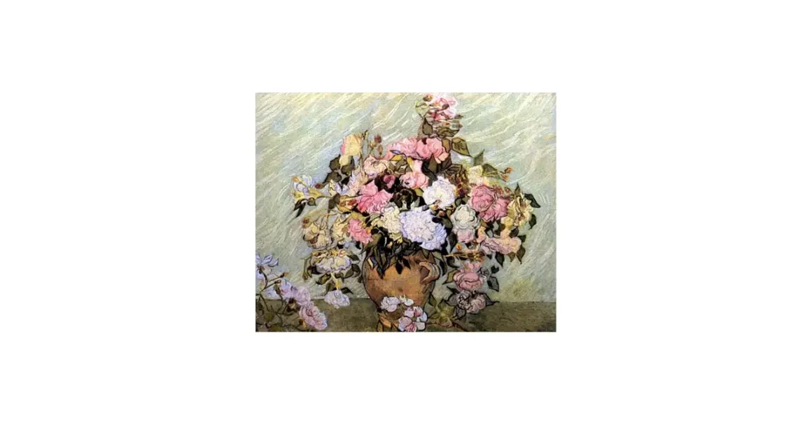 Martwa natura van Gogha: bukiet róż w wazonie, pełen pastelowych barw i dynamicznych pociągnięć pędzla.