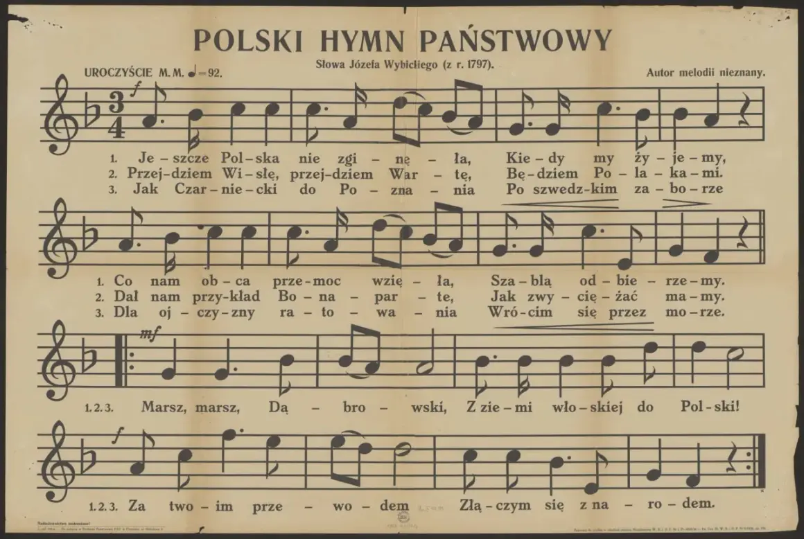 Polski Hymn Państwowy, słowa Józefa Wybickiego (z r. 1797). Melodia nieznana. Kiedy powstał hymn polski, widać na tej karcie nutowej.