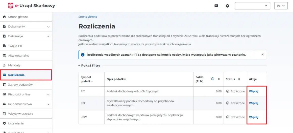 Widok rozliczeń podatkowych w e-Urzędzie Skarbowym. Można tu sprawdzić zaliczki na podatek dochodowy PIT, PPE, PPW.