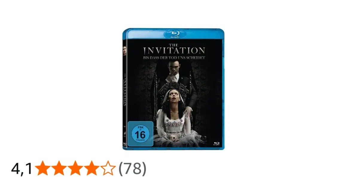Blu-ray-Hülle "The Invitation - Bis dass der Tod uns scheidet" mit bedrohlichem Mann und Frau im Brautkleid. FSK 16.
