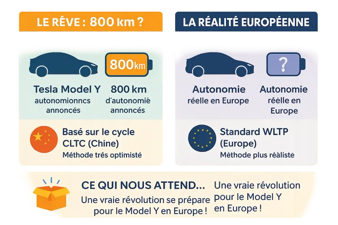 Comparaison Tesla Model Y : rêve 800km (Chine) vs réalité européenne (WLTP). L'autonomie réelle en Europe est plus modeste.