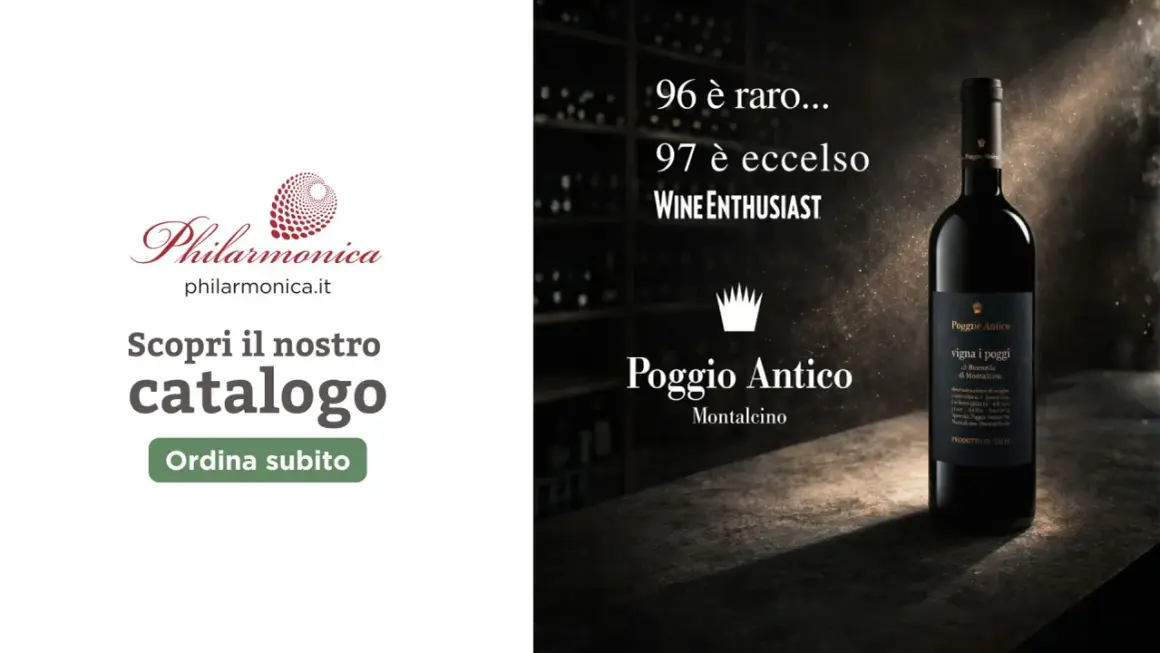 Bottiglia di vino Poggio Antico, un vino tipico di Verona, con etichetta "vigna i poggi". Scopri il catalogo Philarmonica.