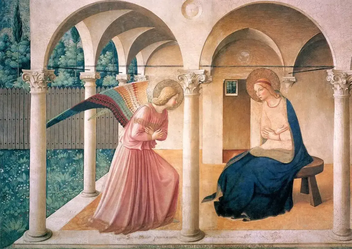 Anioł zstępuje do Maryi. To piękne dzieło sztuki przykłady, ukazujące scenę Zwiastowania.