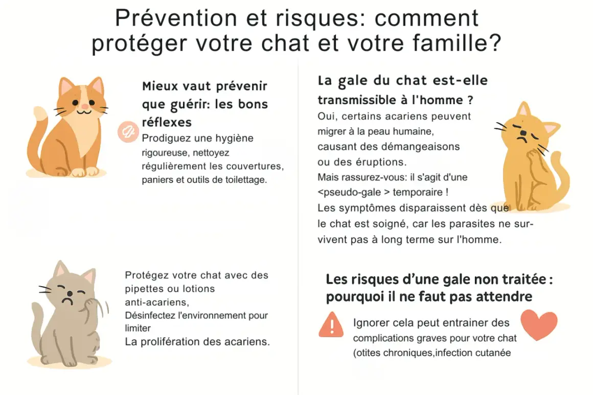 La gale du chat est transmissible à l'homme, causant démangeaisons et éruptions. Les symptômes disparaissent quand le chat est soigné.