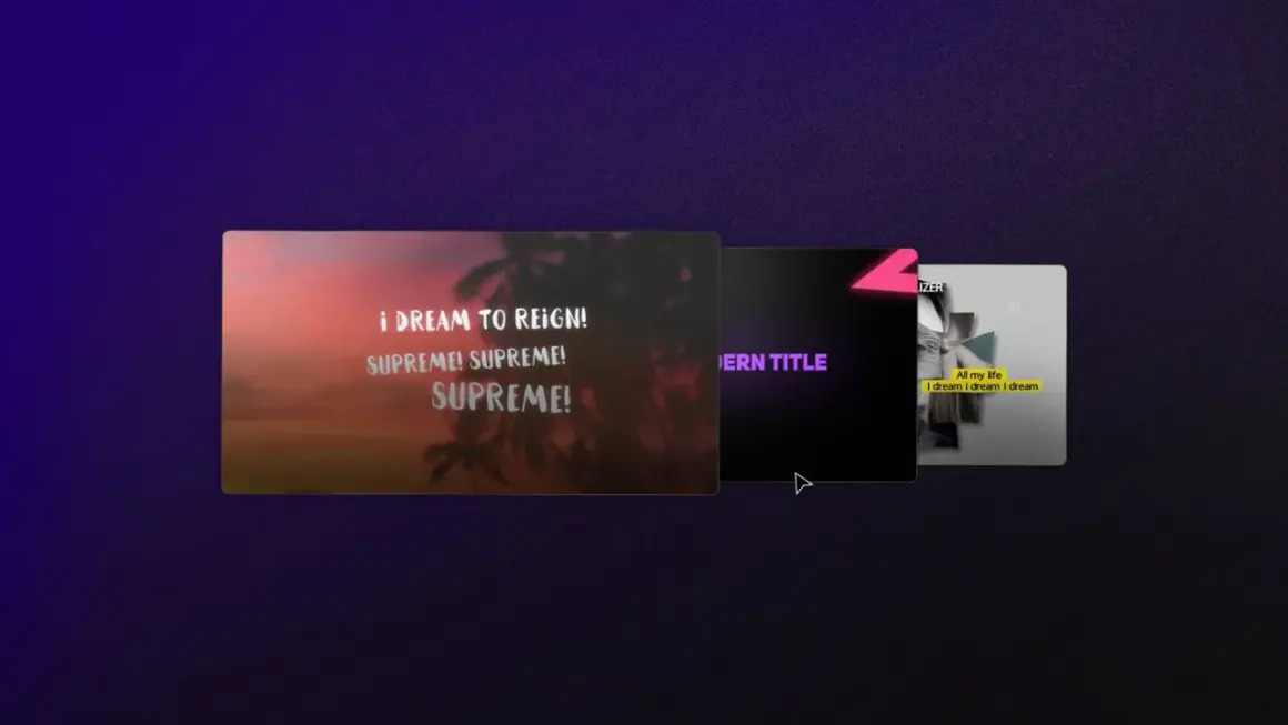 Examples of lyric video templates with different styles, from dreamy sunset to modern neon and minimalist designs.