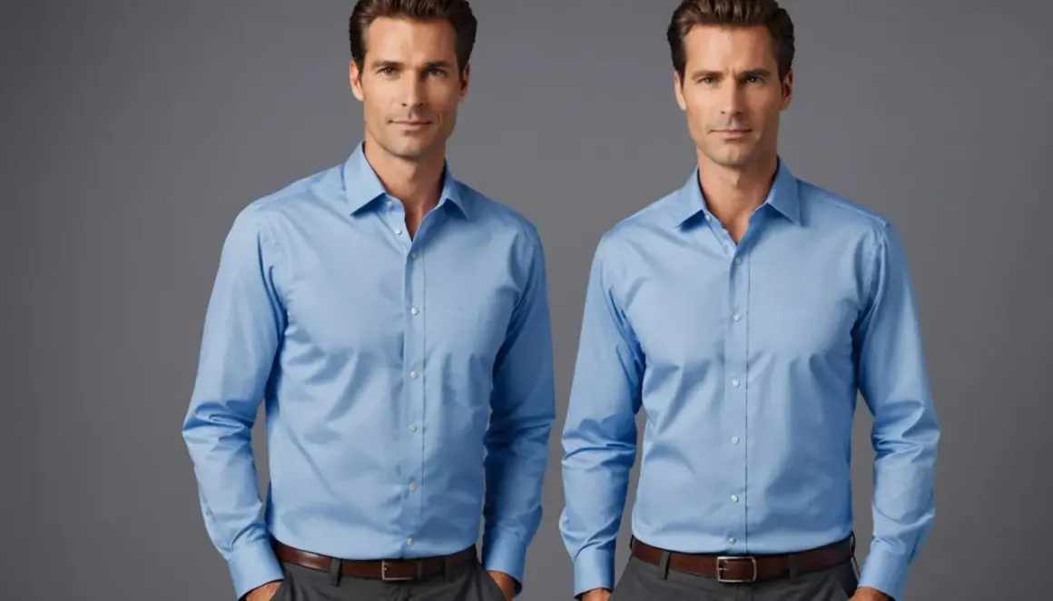 Deux hommes portent des chemises bleues sans repassage, parfaites pour un style impeccable sans effort.