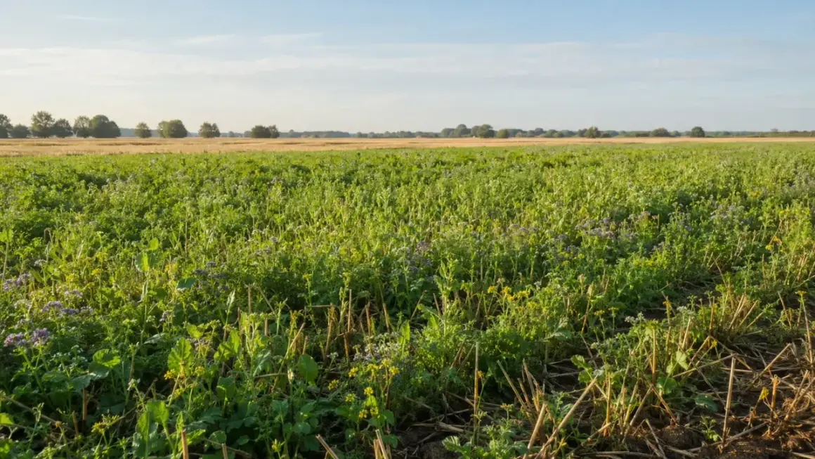 Zielone pole z kwitnącym poplonem pod kukurydzę, w tle złote łany zboża i drzewa.