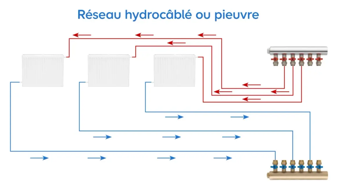 Schéma d'un réseau hydrocâblé ou pieuvre pour un circuit de chauffage central, montrant les radiateurs et les collecteurs.