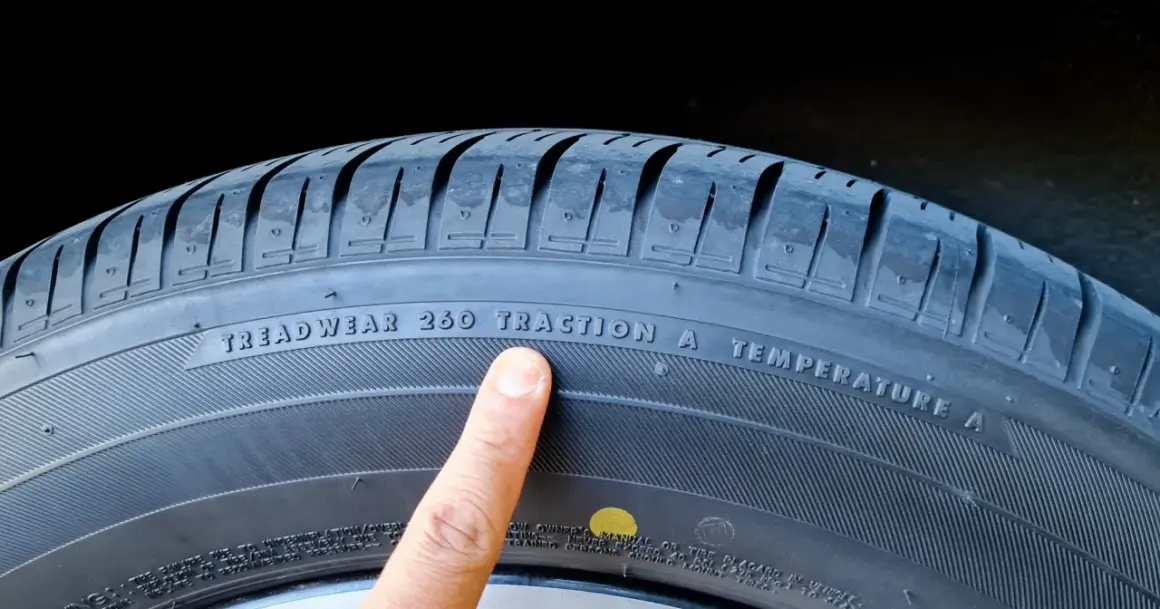 Palec wskazuje na oznaczenie "TREADWEAR 260 TRACTION A TEMPERATURE A" na oponie, informujące o jej właściwościach i dacie produkcji.