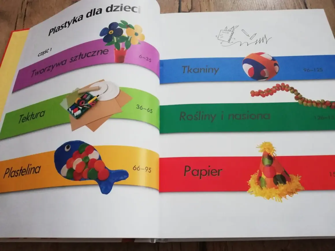 Książka praca plastyczna dla dzieci: tworzywa sztuczne, tektura, plastelina, tkaniny, rośliny i nasiona, papier.